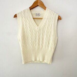 Vintage 60s 70s Sweater Vest Women Large Cream Cable Knit Fisherman Preppy Retro